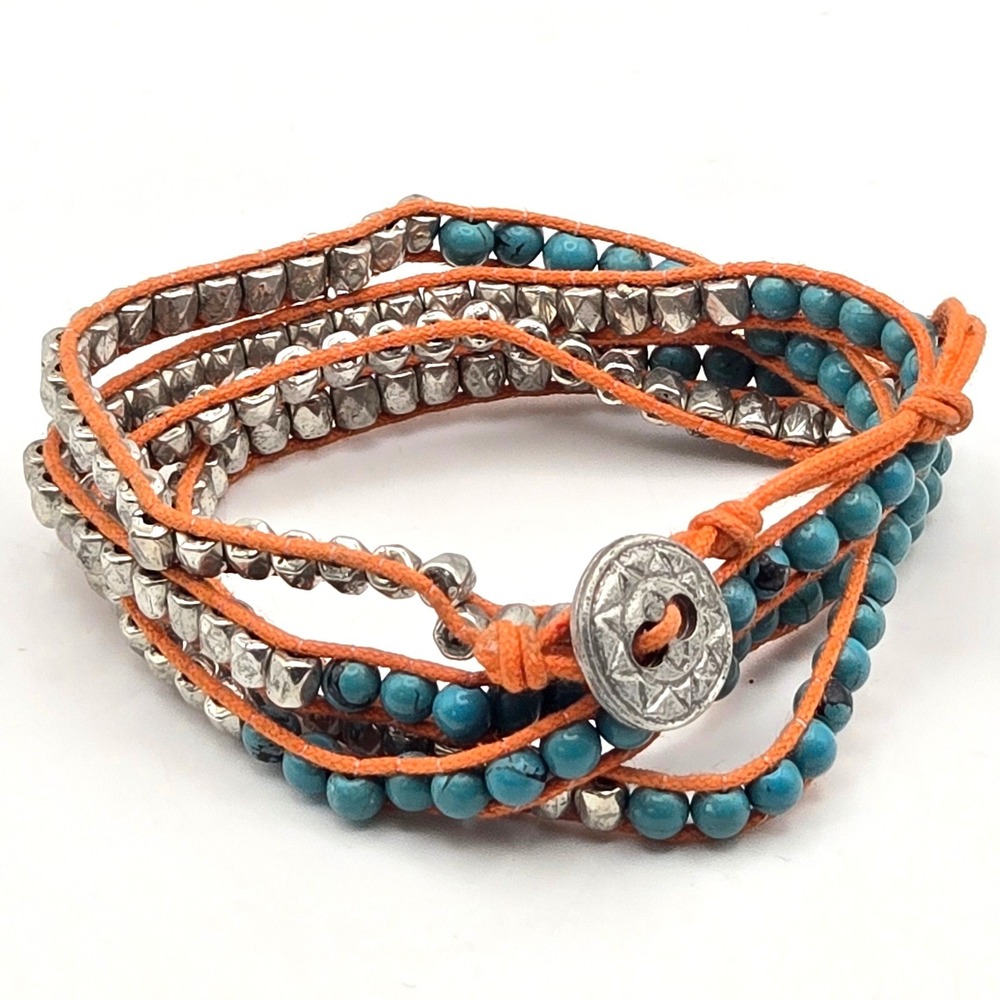 Turquoise Silver Bead Orange Cord Multi Strand Wrap Bracelet Button Closure 27in